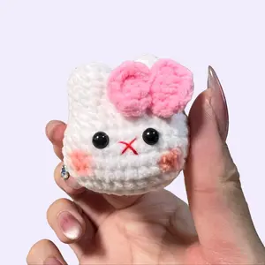 Handmade Amigurumi Crochet White Rabbit Head Wearing a Bow Plushie
