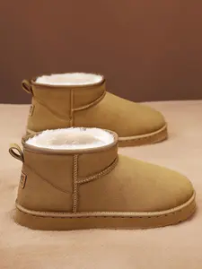 Men's Solid Color Patched Design Plush Lined Snow Boots, Fluffy Snow Boots, Casual Warm Ankle Boots for Outdoor Activities, Fashionable Non-slip Boots for Winter Footwear