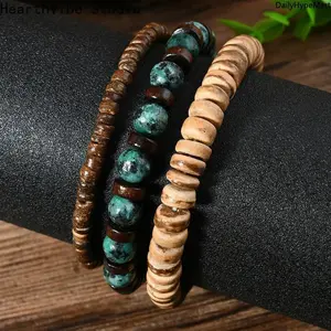 Handmade Coconut Wood Beaded Bracelet with Turquoise Stone Elastic Bangle - Unique Design for Women