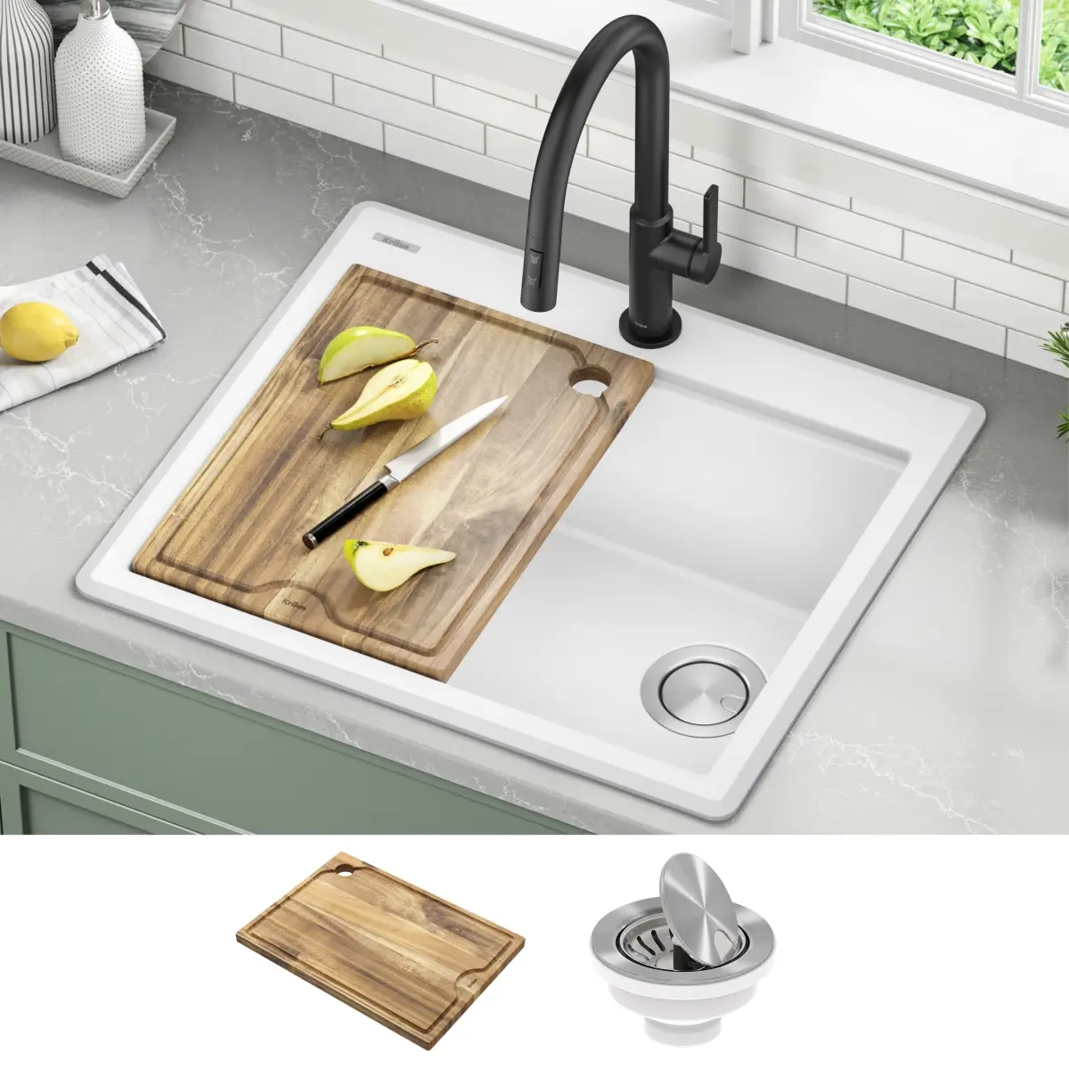 Kraus KGTW12-25WH 25 in. Bellucci Granite Composite Workstation Drop-In Top Mount Single Bowl Kitchen Sink with Accessories, White
