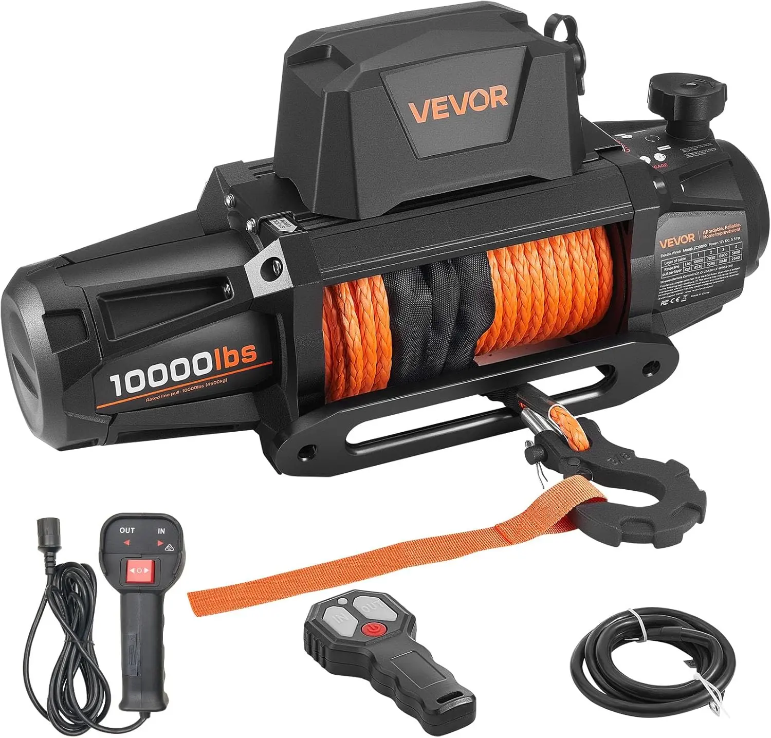 VEVOR Electric Winch, 10000 lbs Load Capacity, 12V DC Truck Winch with Φ7/20 in x 90 ft Synthetic Rope, Wireless & Wired Remote Control, IP68 Waterproof for Towing Off-Road SUV Jeep Trailer Boat