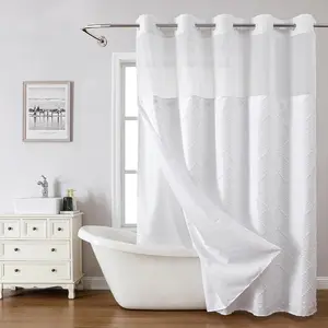White Hookless Shower Curtain Set with Fabric Snap - In Liner Boho Tufted Chevron Striped Shabby Chic Textured for Hotel Decor 71" W x 74" L for Bathroom Hanging