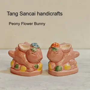 Tang Sancai merchandise ornaments, ceramic peony flower rabbit blessing, handmade ceramic dolls, new indoor lucky decoration, gifts