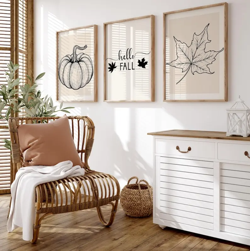 Autumn Wall Print Set Of 3, Fall Wall Prints, Black, Beige Autumn Prints, Fall Decoration, Fall Leaves Print, Autumn Pumpkin Poster