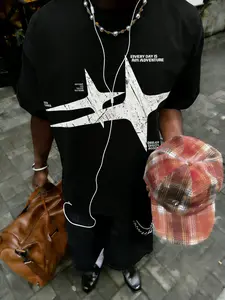 "Everyday Adventure" Distressed Four-Pointed Star Vintage T-Shirt - Black, featuring a vintage-style distressed four-pointed star + adventure slogan, heavyweight cotton fabric, and a loose fit. A must-have for American vintage enthusiasts.