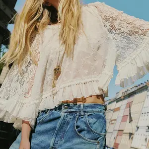 ARSSM Women Boho Flowy Lace Blouse Long Sleeve Crew Neck See Through Ruffle Sheer Tops