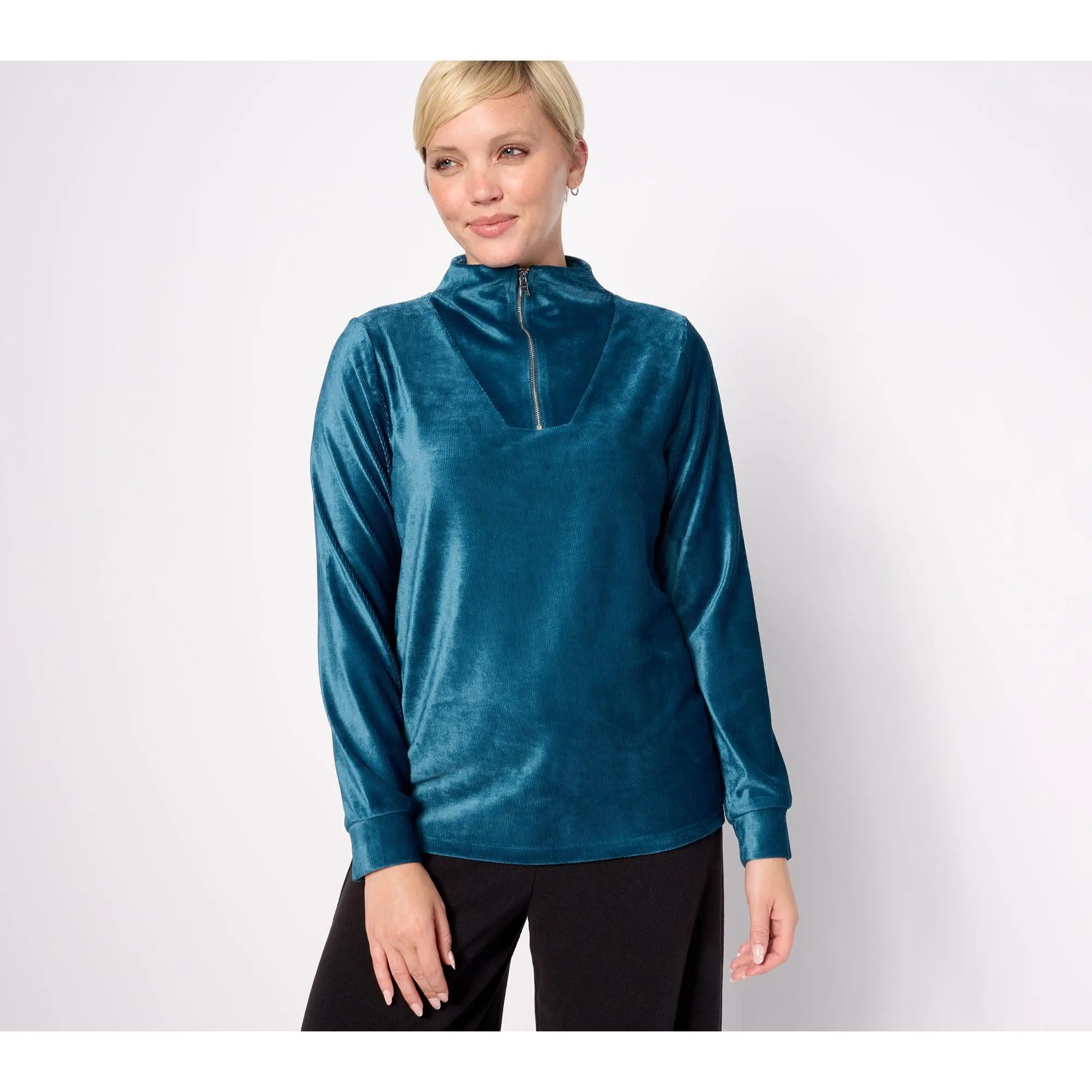 AnyBody Rib Velour Long Sleeve Funnel Neck Pullover