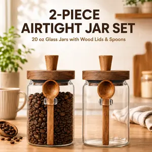 MIUVA 2 Pack Glass Food Storage Jars with Wood Lids and Spoons 20 oz Airtight Kitchen Canister Set for Coffee Beans Cookies Snacks Grains Kitchen Supplies
