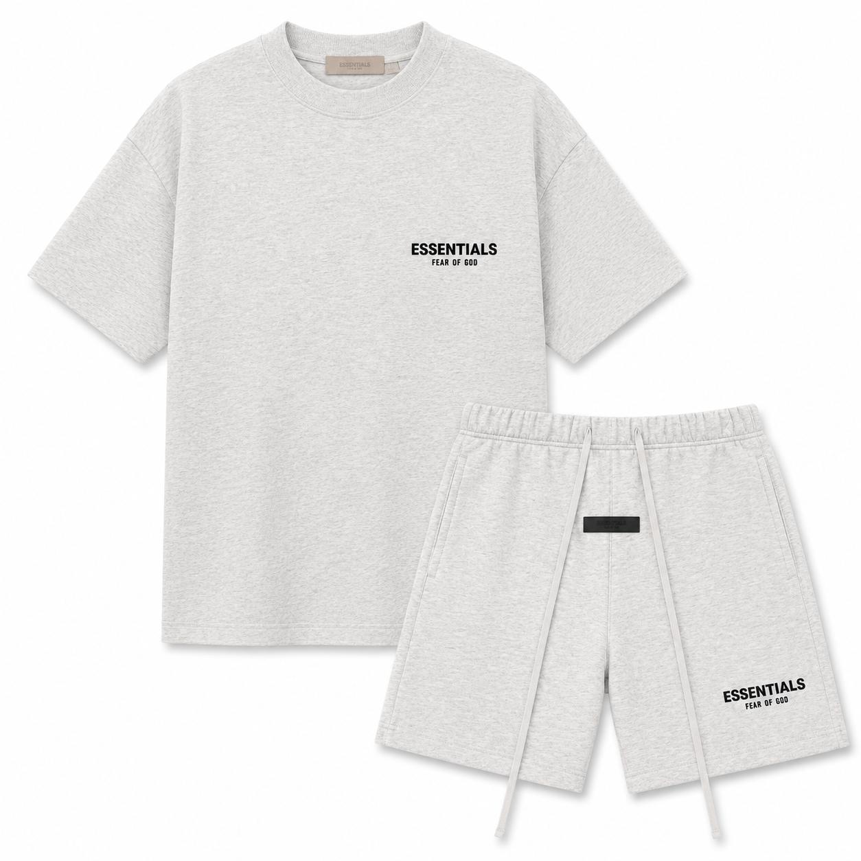 (Tee and Shorts) Fear of God Essentials T-shirt & Shorts Set Stretch Light Oatmeal OVER SIZE Casual Wear Comfortable Fit Simple Design Versatile Everyday Wear Menswear Tops Crewneck ShortSleeve Light