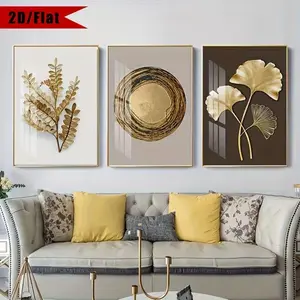 Modern Luxury Golden Leaf Circle Wall Art – 3-Piece 2D Flat Printed Canvas, Decorative Poster for Living Room, Bedroom, or Office, Perfect Gift