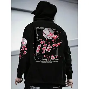 [Cozy Fleece-Lined] Men'S Cherry Blossom Graphic Hoodie |       Cozy Fleece-Lined |       Long Sleeves, Loose Fit |       Green |       Casual Pullover with Pockets