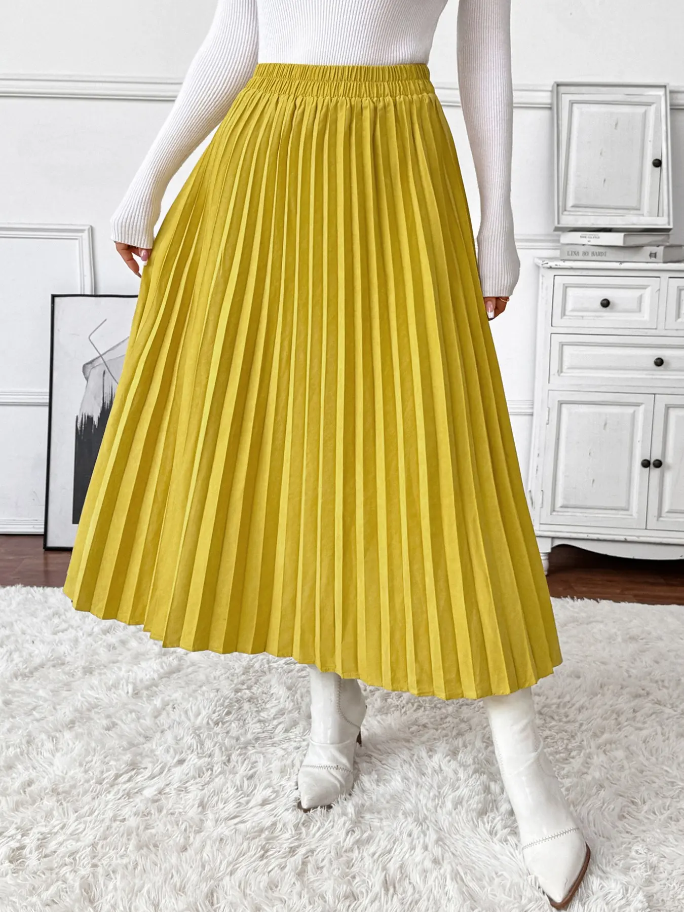 Women's Elastic Waist Commuter Simple Solid Color Long Pleated Flowy Skirt, Elegant Office Wear, Comfortable and Stylish Design