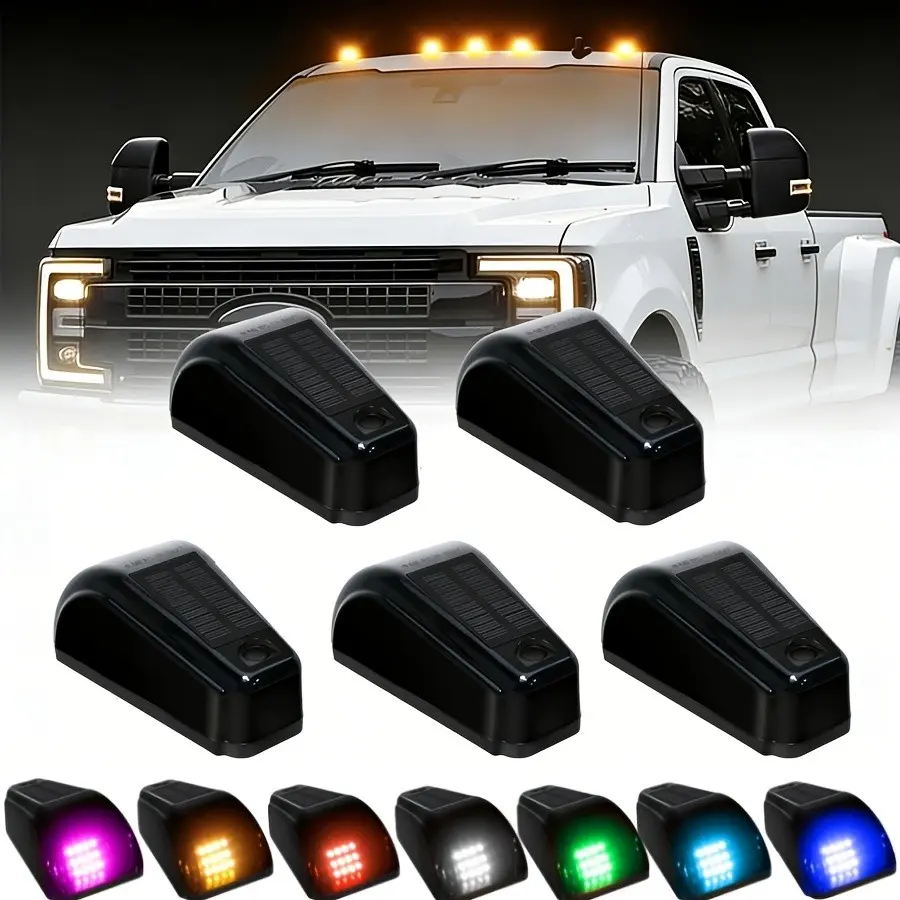 5pcs Multicolored Solar Powered Wireless Truck Accent Lights, No-Drill Black Cab Decorative Lamps Roof Decorative Light with Vibration Sensor, Easy Install Vehicle Exterior Lighting for Truck, SUV & Car
