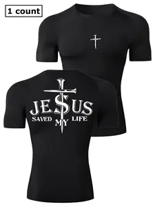 Men's Cross & Letter Print Round Neck Tee, Regular Fit Athletic Activewear Gym Shirts Quick Drying Breathable Short Sleeve T-shirt, Casual Crew Neck Top for Summer