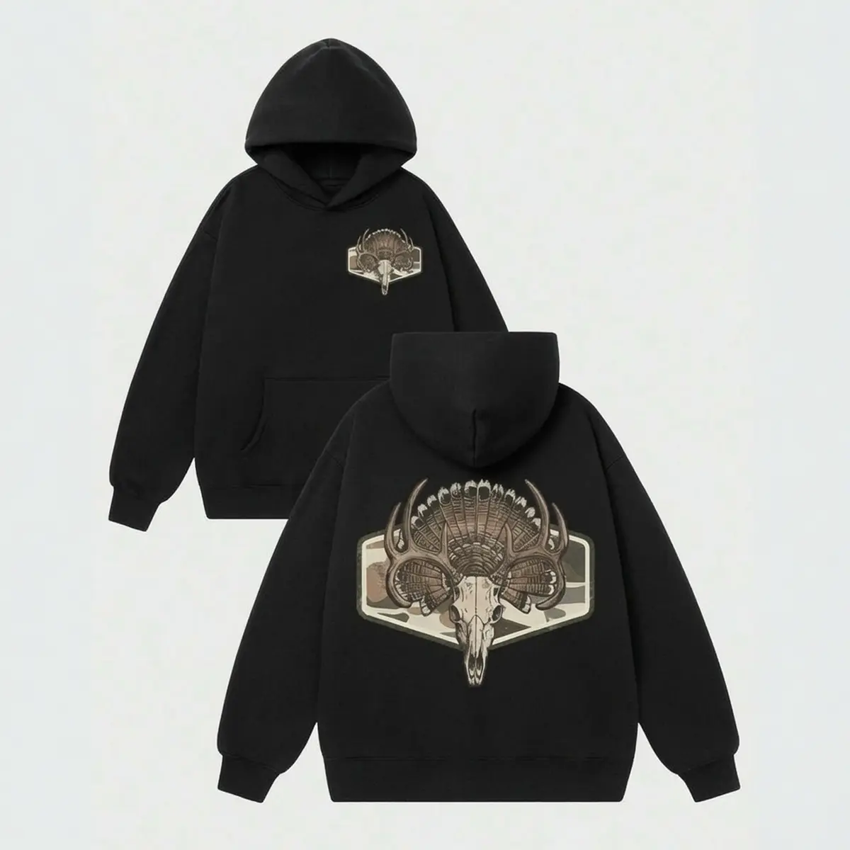 Local Men's Hunting Turkey Skull Camo Graphic Hoodie Loose Fit Pullover for Fall, Perfect Outfit for Hunting Lovers Unisex