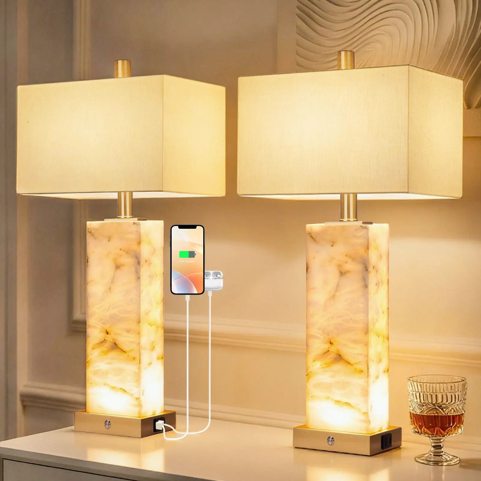 DEMILARE 2-Piece Table Lamps Set - 60W Power, USB A/C Charging Ports, 3-Way Touch Dimmer, Nightlight Mode, Marble Base, Resin Build, Bedroom,Home Decor,Two-Pieces ,SummerWins,DealsForYouDays