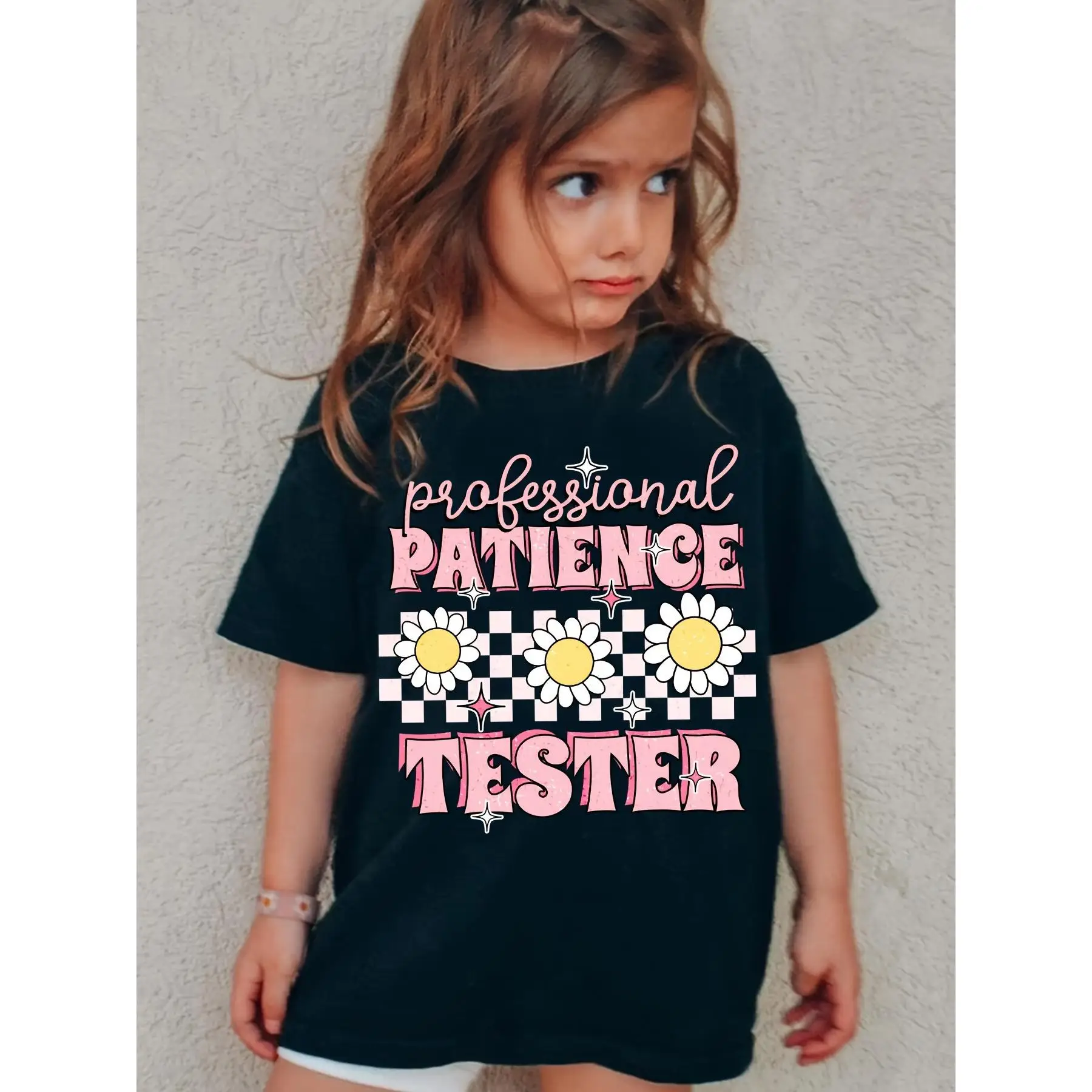 Professional Patience Tester Girls' Cotton T-Shirt – Casual Black Short Sleeve with Colorful Daisy Floral Print, Round Neck, Machine Washable, All-Sea