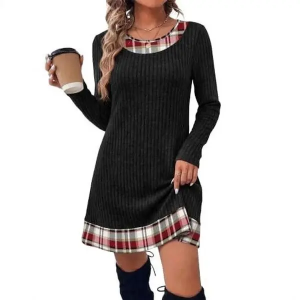 2026 new autumn and winter knitted sweater dress, elegant and casual plaid patchwork dress