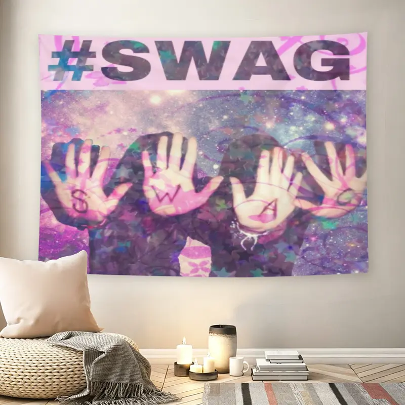 SWAG Pink Galaxy Wall Flag, Tapestry Wall Hanging, Y2K Aesthetic Slogan Print, Black Flash Manga Style, Sparkly Cosmic Vibe, For Adult Fans, Bedroom, Dorm, Attitude Quote Decor, Living Room Wall Decor, Decoration
