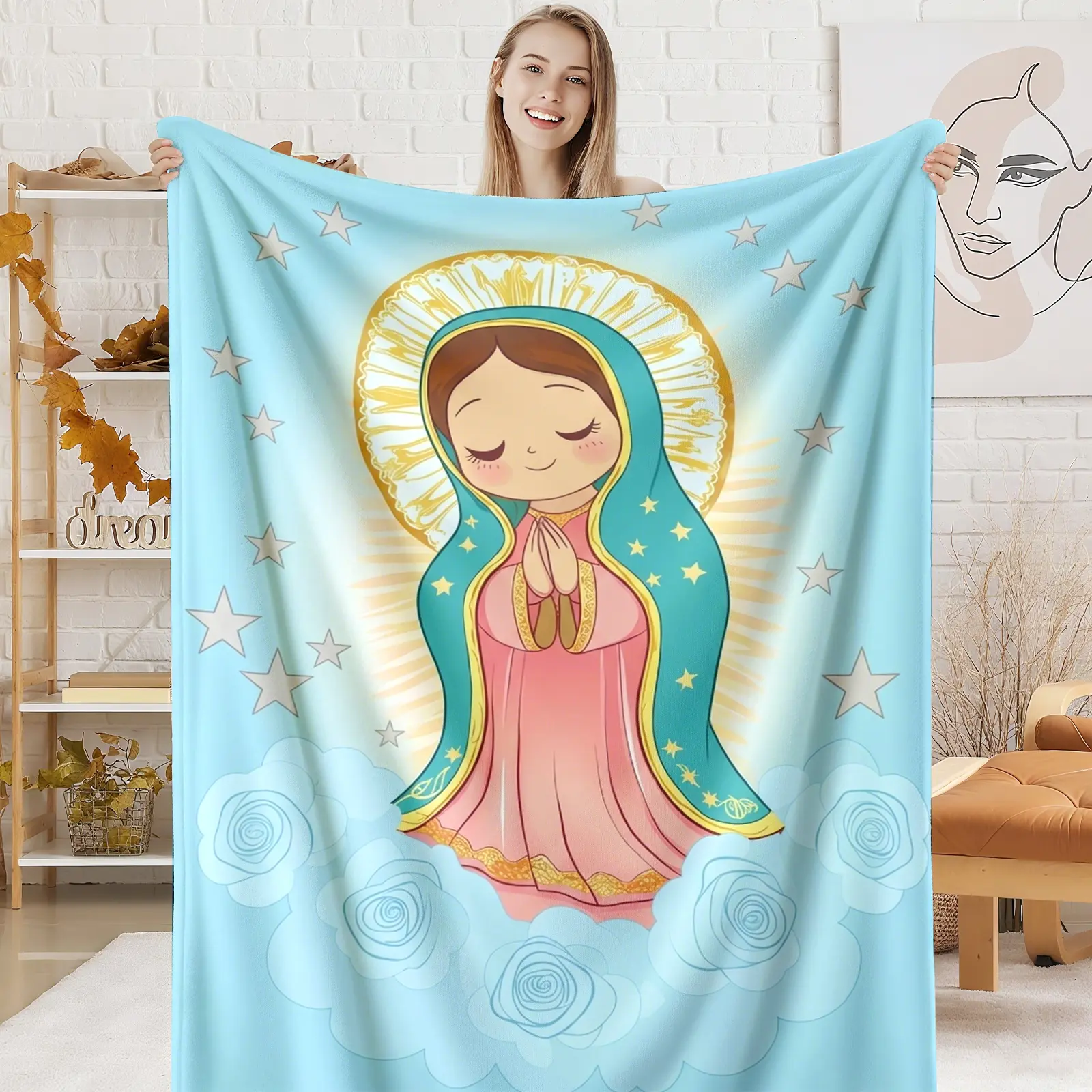 Soft Flannel Throw Blanket, Cute Our Lady of Guadalupe Star & Rose Print, Lightweight Machine Washable Warm Plush Durable Blanket, Catholic Gift for Home Couch Bed, Bedroom Decor Accessory, Lightweight Throw Blanket, Machine Washable Blanket