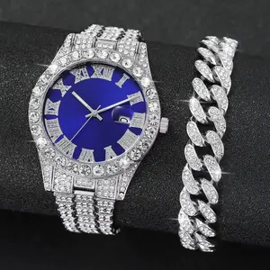 Men's Iced Out Date Watch Wristwatch Hip Hop Silver Plated Blue Dial CZ & Full Iced Cuban Link Bracelet Gift Set Casual Luxury Analog