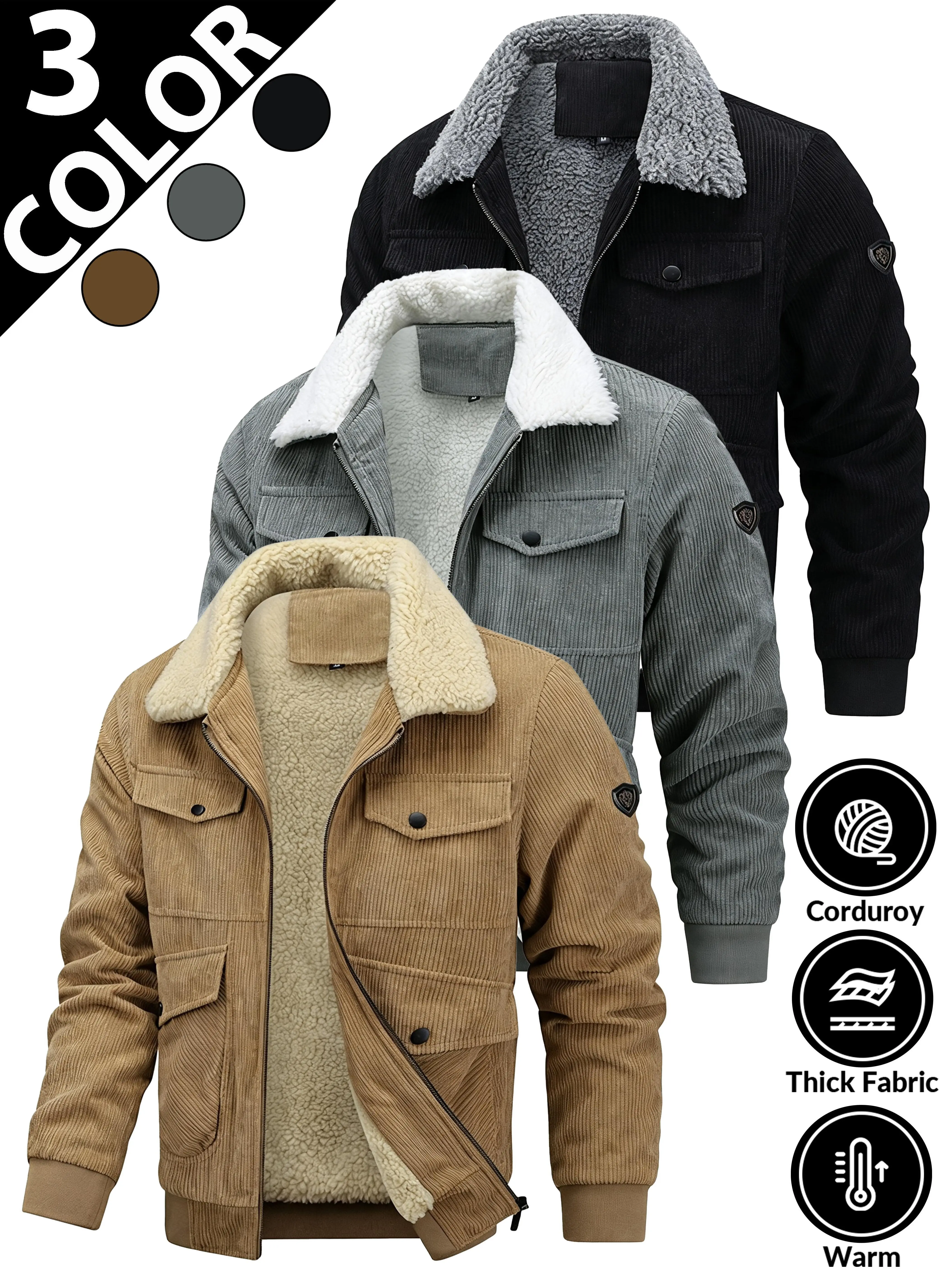 2026 New Men’s Corduroy Cotton Jacket, Thick Sherpa Lined Winter Coat, Windproof Warm Lamb Fleece Outerwear, Fashion Casual Thermal Cotton Outer Layer for Daily Commuting,  and Cold Weather Outdoor Activities