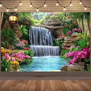 Tropical Waterfall & Flower Scene Backdrop 60x40 Inches Vibrant Polyester Fabric for Weddings Parties Nature Photography