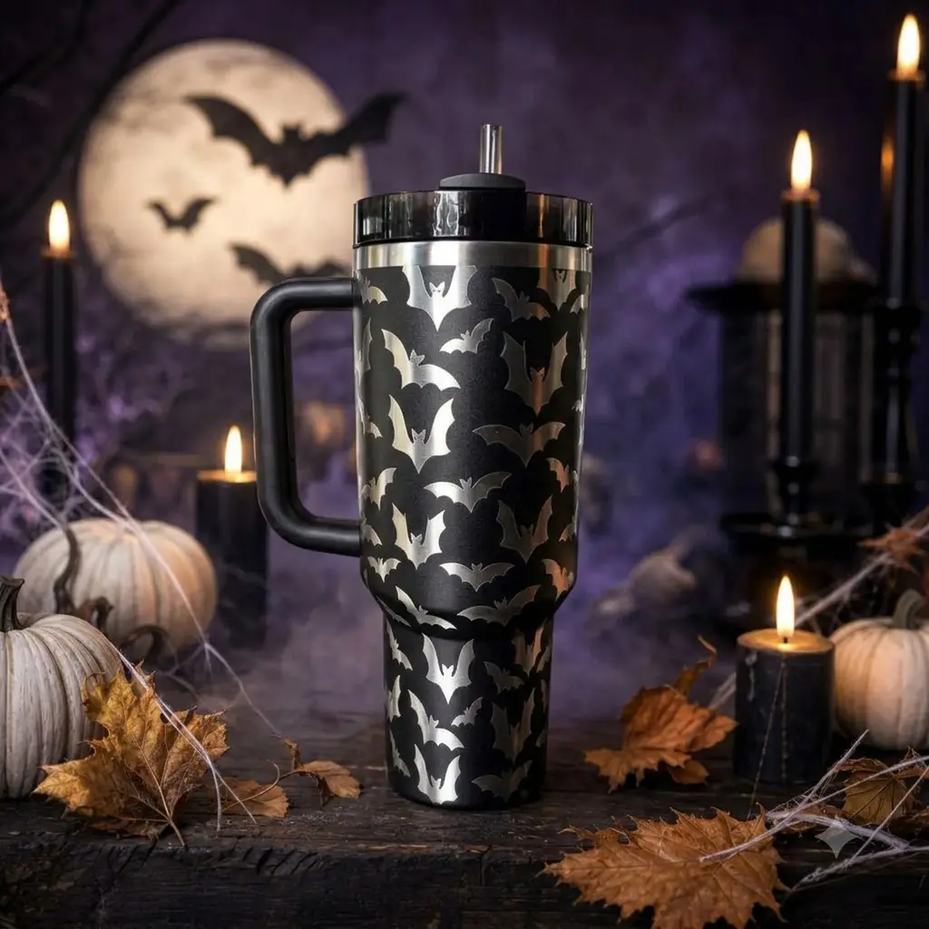 [Made in USA] Halloween Tumbler Engraved Stanley Cup, Spooky Bat Design 40oz 30oz, Witchy Gothic Fall Gift