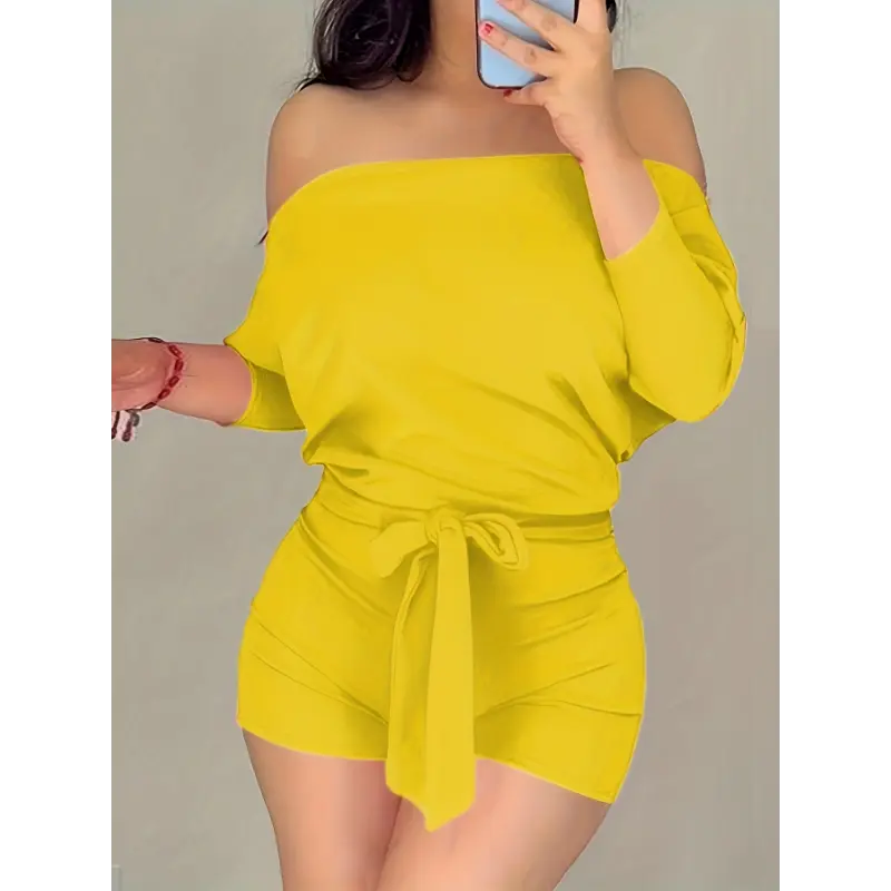 Women's Plus Size Off-Shoulder Jumpsuit Romper, Casual Batwing Sleeve with Knot Front, Stretchy Solid Polyester for Summer, Machine Washable, Overalls, Cropped Off-The-Shoulder Jumpsuits & Rompers
