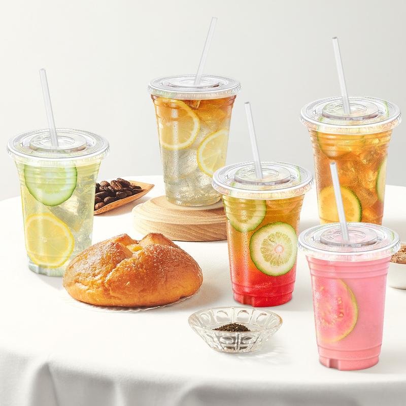 100-Pack Disposable Cold Drink Cups with Lids and Straws Transparent Plastic Cups 12oz to 24oz Sturdy BPA-Free for Parties Picnics Barbecues and Travel
