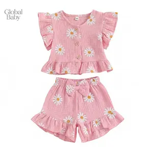 Baby Girls Summer 2 Piece Outfits Floral Print Tank Tops One Set / girls suit / children's suit / full patterned children's suit and Elastic Shorts Set Fashion Cute Cloth