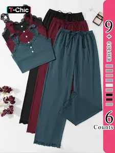 Women's Plain Contrast Lace Summer Pyjama Set, Casual Buttons Cami Top & Drawstring Waist Pants, Lady Pajamas, Womenswear Homewear, Loungewear Nightwear Set, Summer Outfits 2024, Loungewear Pjs Set