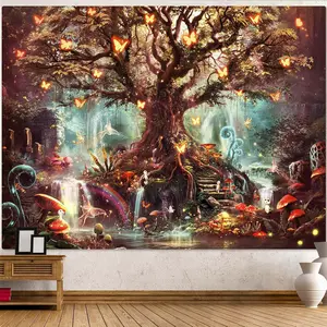 Fantasy Forest Tapestry Warm Fairy Magical Tree of Life Tapestries for Bedroom Aesthetic Nature Plant Tapastry's Wall Hanging Mushroom Butterfly Elves Wall Tapestry for Living Room Dorm (48" x 36")