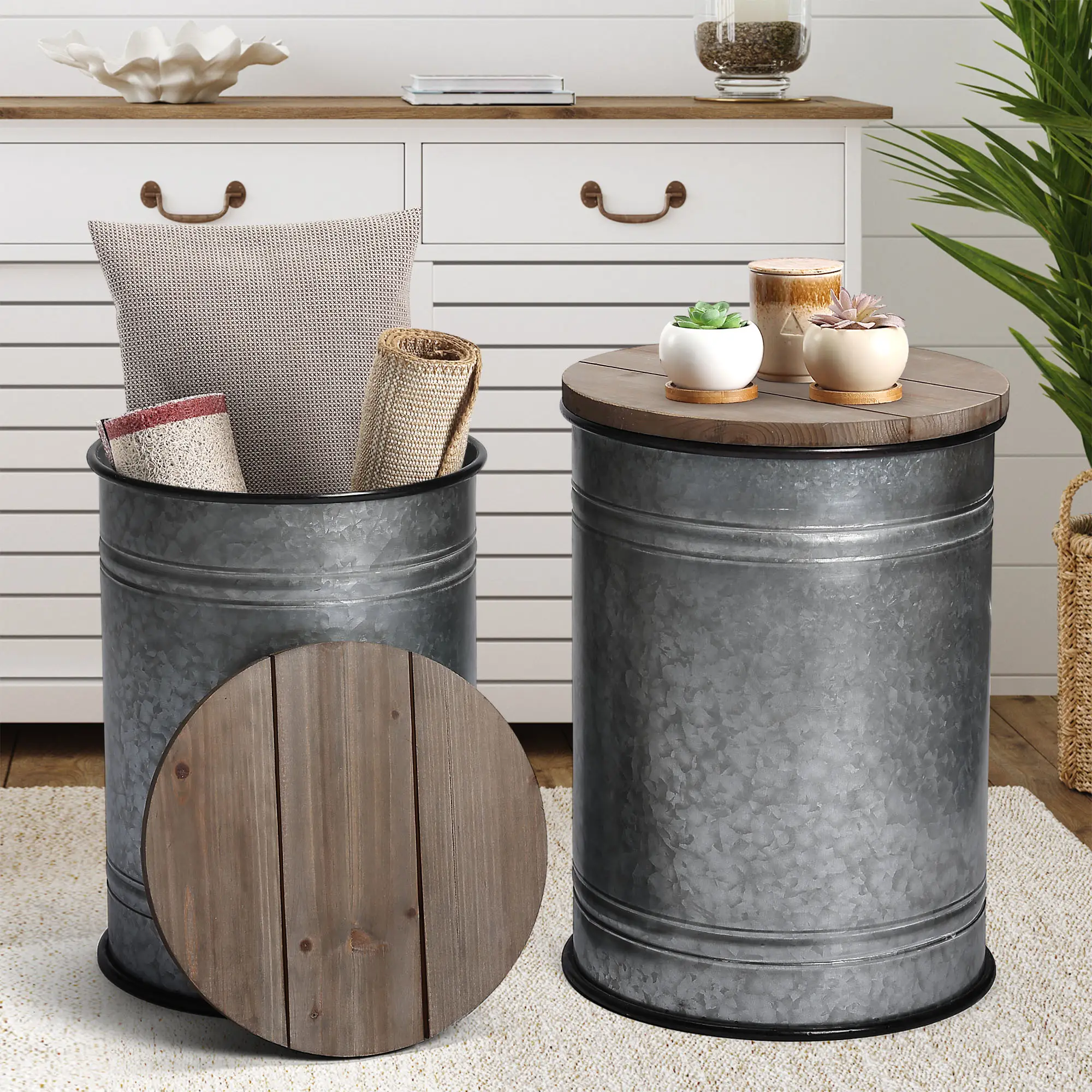 PieDle Farmhouse Accent Side Table, Rustic Storage Ottoman Seat Stool, Galvanized Antique Metal End Table Box Bin with Wood Lid, Coffee or Cocktail Ta