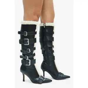 Irina Faux Fur Shearling Knee High Stiletto Boots with Buckle Detail & Pointed Toe for Winter Luxe Cozy Chic Style -  Women Footwear Faux Fur Trim Buckle Knee High Boots for Fall Winter 2025 - Women's Elegant Pointed Toe Heeled Boots