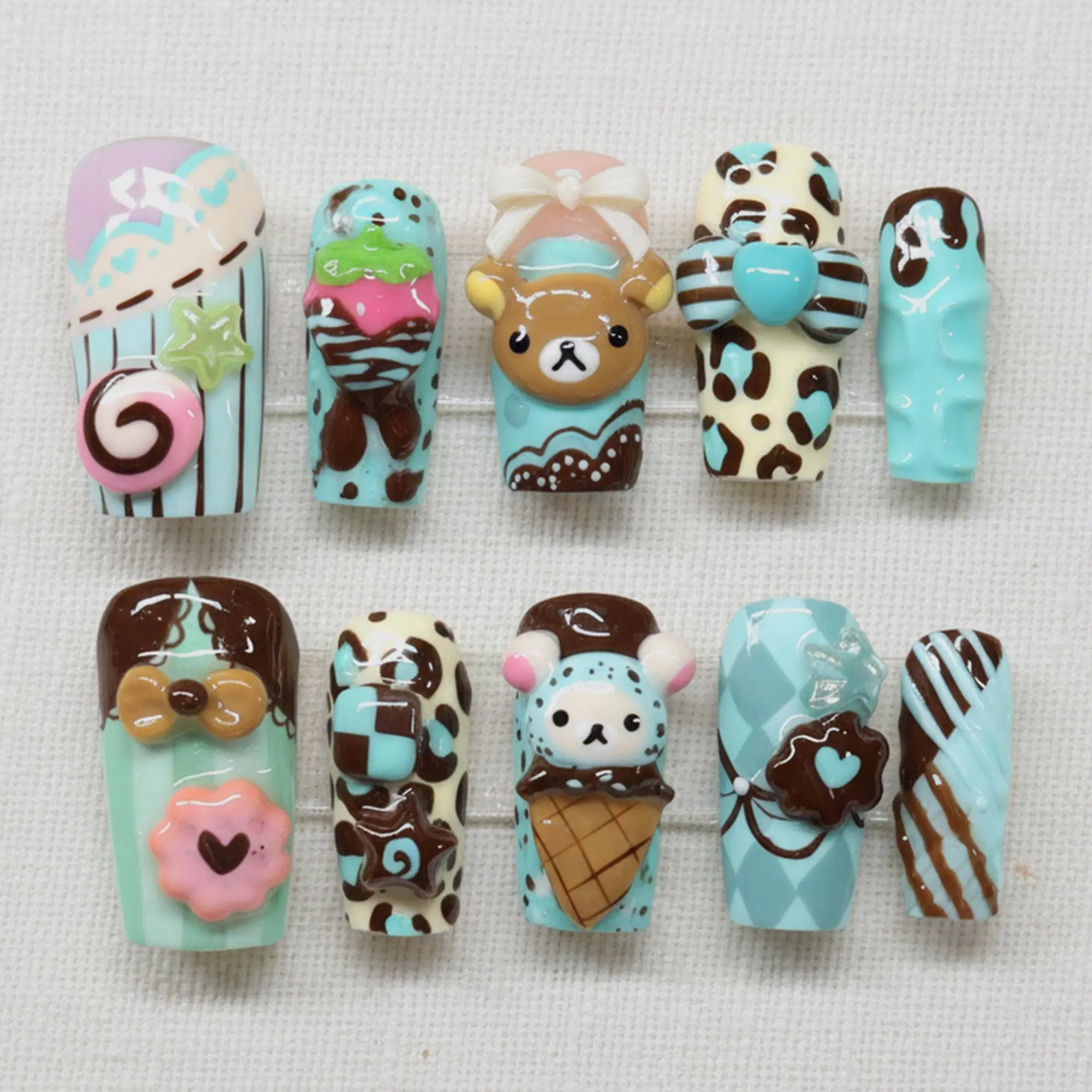 Dessert Kawaii Press On Nails | Mint Ice Cream Nails | 3D Chocolate Bear Nail Art | Custom Cute Sweet Nail Design