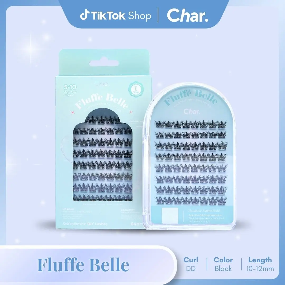 Fluffe Belle Pre-Glue False Eyelashes - 64 Pcs, 11mm, C Curl, Dramatic Faux Volume, Band-Free Design, 5-10 Days Wear, Lightweight, Sweatproof, Waterproof, Durable Glue Formula, Makeup Accessory