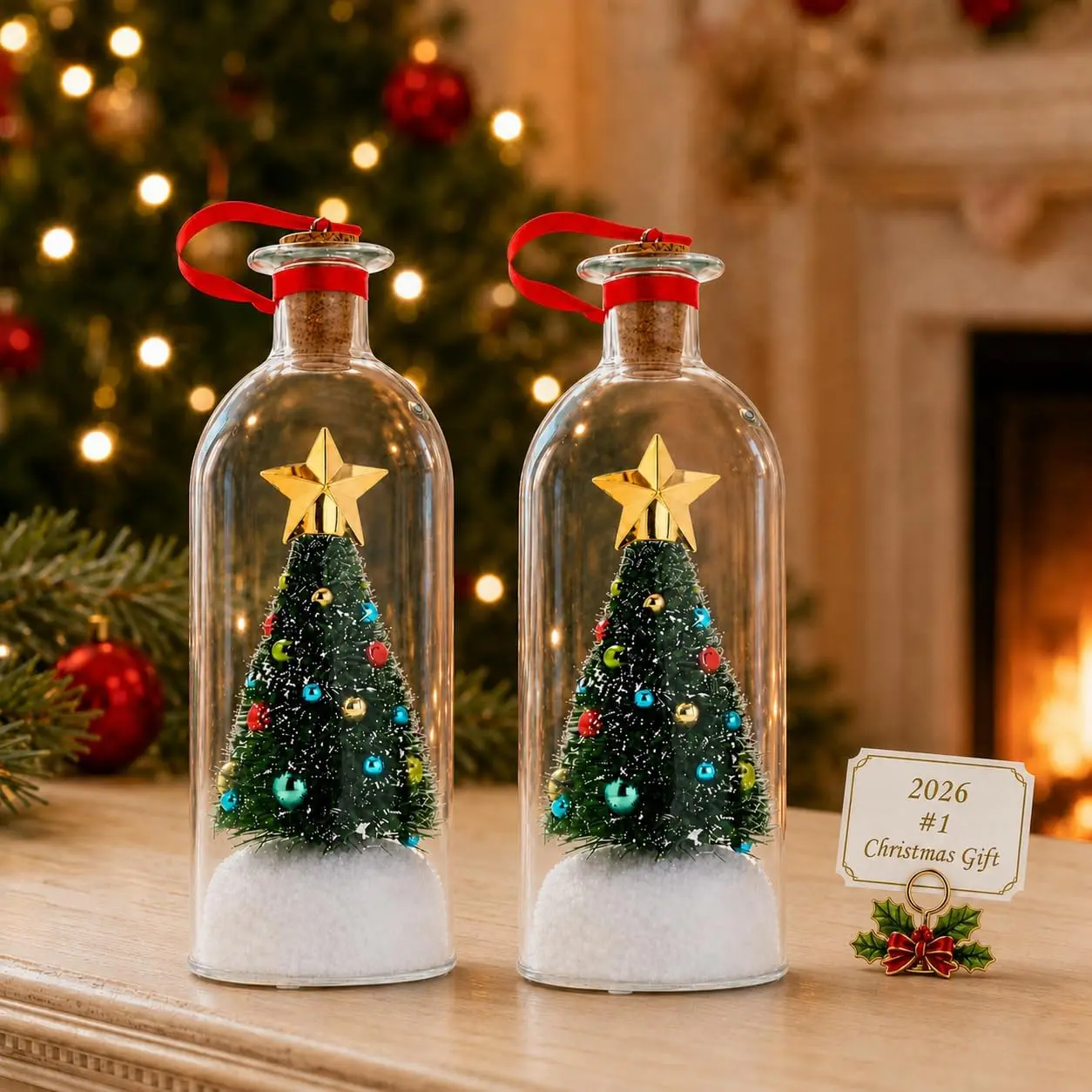 Recordable Christmas Message in a Bottle Ornament 8 Inch Voice Recording Holiday Keepsake with Playback Snowy Christmas Tree Scene Glass Bottle Decoration for Tree Home and Gift