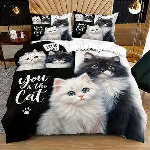 Cat Pattern Bedding Set, Soft Comfortable 3-Piece, Includes 1 Fitted Sheet and 2 Pillowcases, Durable Cat Lovers Gift