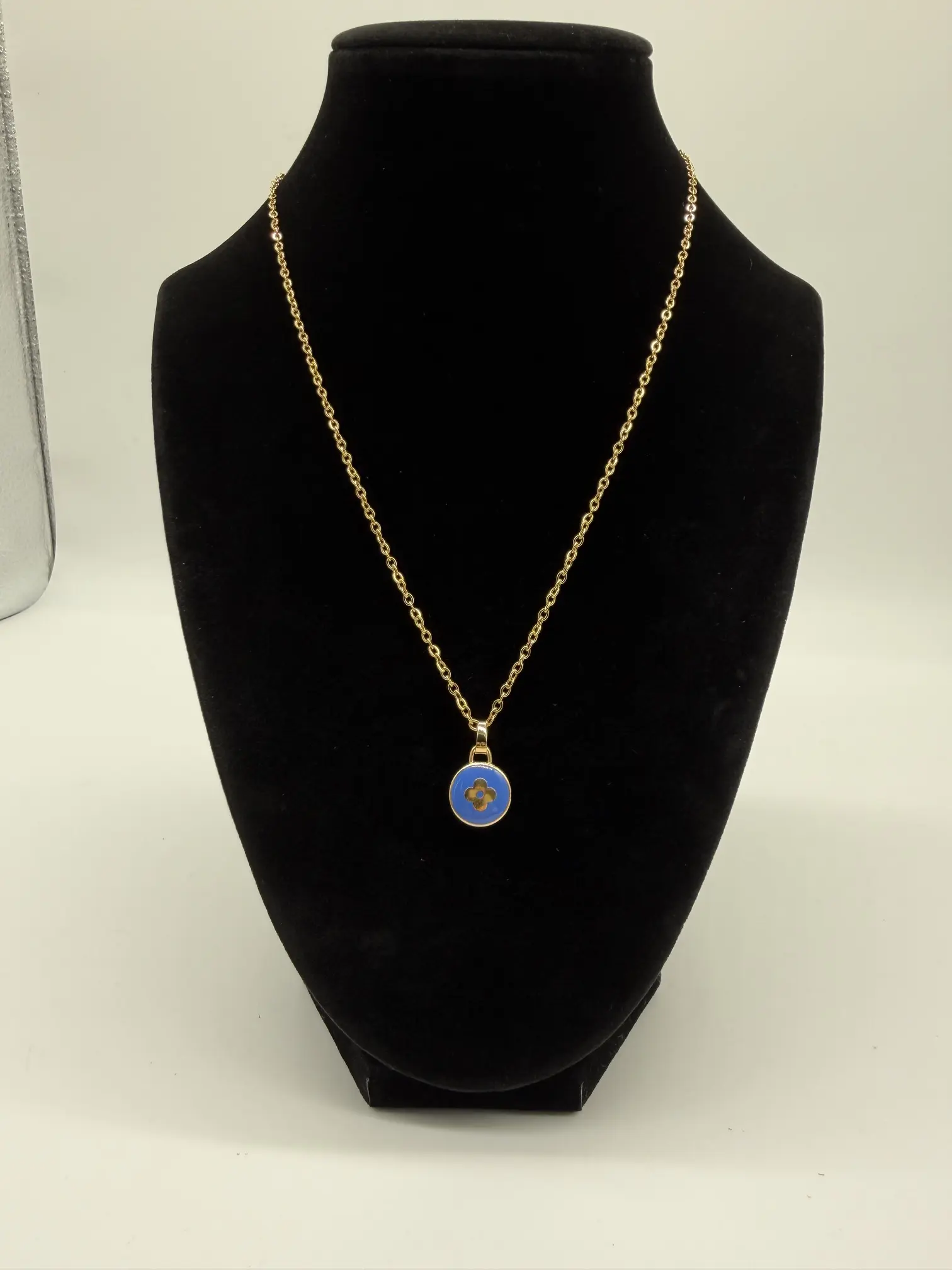 Pre-owned Louis Vuitton Resin Bag Accessories Up Cycled/Handmade LV Periwinkle Blue Floret on Stainless Steel Necklace