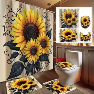 1/4pcs Sunflower Holiday Design Shower Curtain Set, featuring a holiday design, non-slip mat, U-shaped rug, and toilet seat cover. Perfect for bathroom decoration and beautifying the space. Includes 12 shower curtain hooks. Bathroom Decoration Accessories