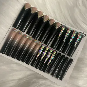 Black Glam French Tip Rhinestone Long Square Acrylic Presson Nails Baddie Black Nails High Gloss Long-lasting nail manicure