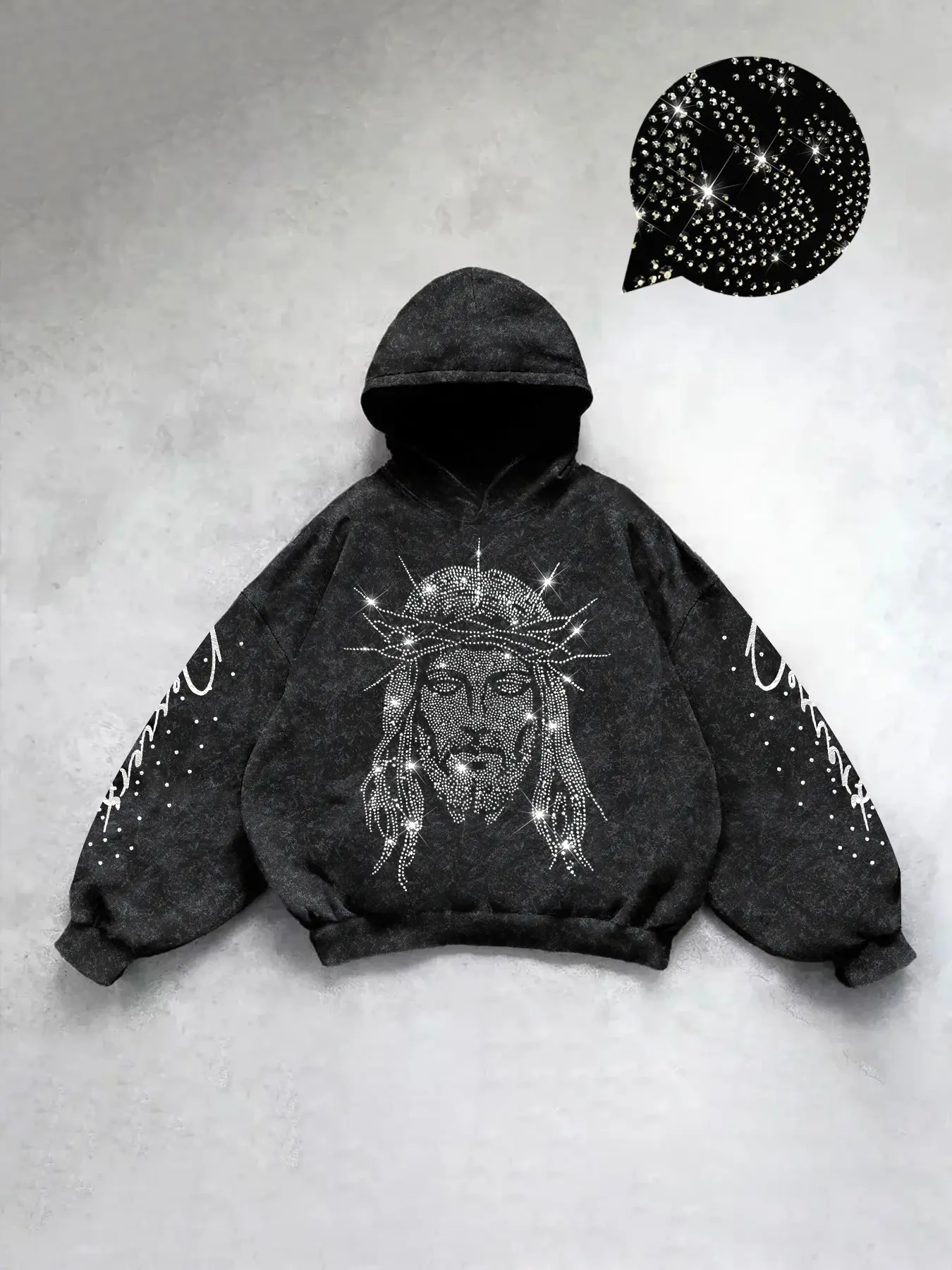 Men's Casual Hooded Sweatshirt with Jesus Graphic Print, Rhinestone Detail, Regular Fit, Fashionable Street Style, Perfect for Shopping and Commuting, Graphic Print Hoodie