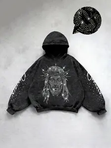 Men's Casual Hooded Sweatshirt with Jesus Graphic Print, Rhinestone Detail, Regular Fit, Fashionable Street Style, Perfect for Shopping and Commuting, Graphic Print Hoodie
