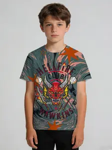 Boys' Short-Sleeve T-Shirt: Stranger Things Hellfire Club (logo, demon, dice) core design, retro dark trendy style with vivid contrast, fit for daily casual & TV IP-themed outfits.