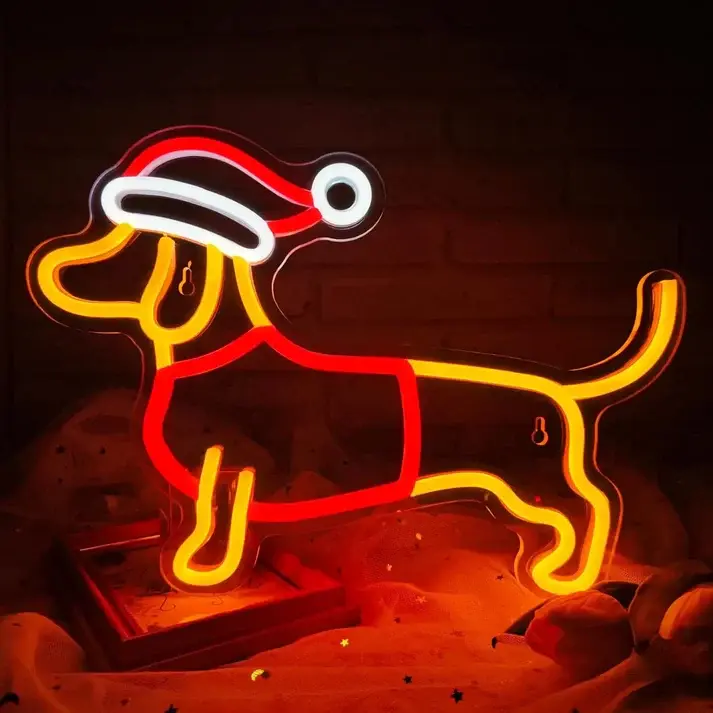 Dachshund Neon Sign Christmas Hat Neon LED Sign Weiner Dog Neon Lights for Bedroom Puppy LED Sign Animal Wall Art Cute Dog Neon Light Up Sign for Pet Shop Party Decor Christmas Gift