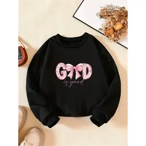 Cozy & Cute Girls' "God is Good" Bow Print Sweatshirt - Soft Cotton, Round Neck Pullover for Spring/Fall - Perfect Fashionable Gift for Youngsters, Girls Sweaters