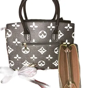 Women's 2-Piece Black and ivory Monogram Print Tote Bag and Matching Wallet Set for Everyday Use and work