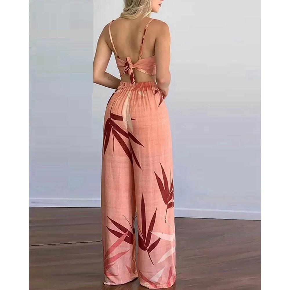 Tropical Print Spaghetti Strap Casual Lace up Back Top &High Waist Pants Set