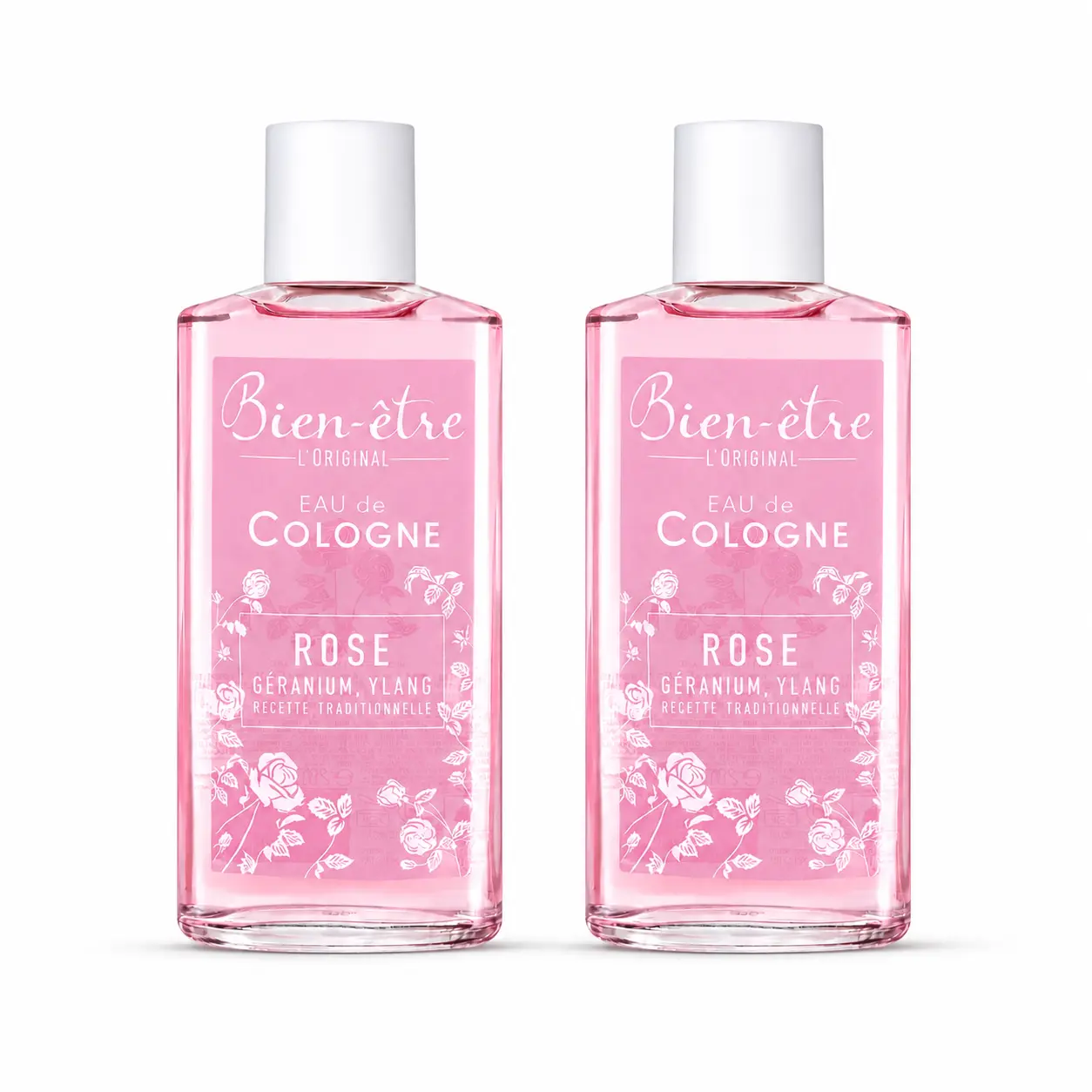 Bien-etre L'Original Eau de Cologne Rose 250ml Pack of 2 | Rose Geranium and Ylang Floral Splash Cologne for Women and Men, Made in France